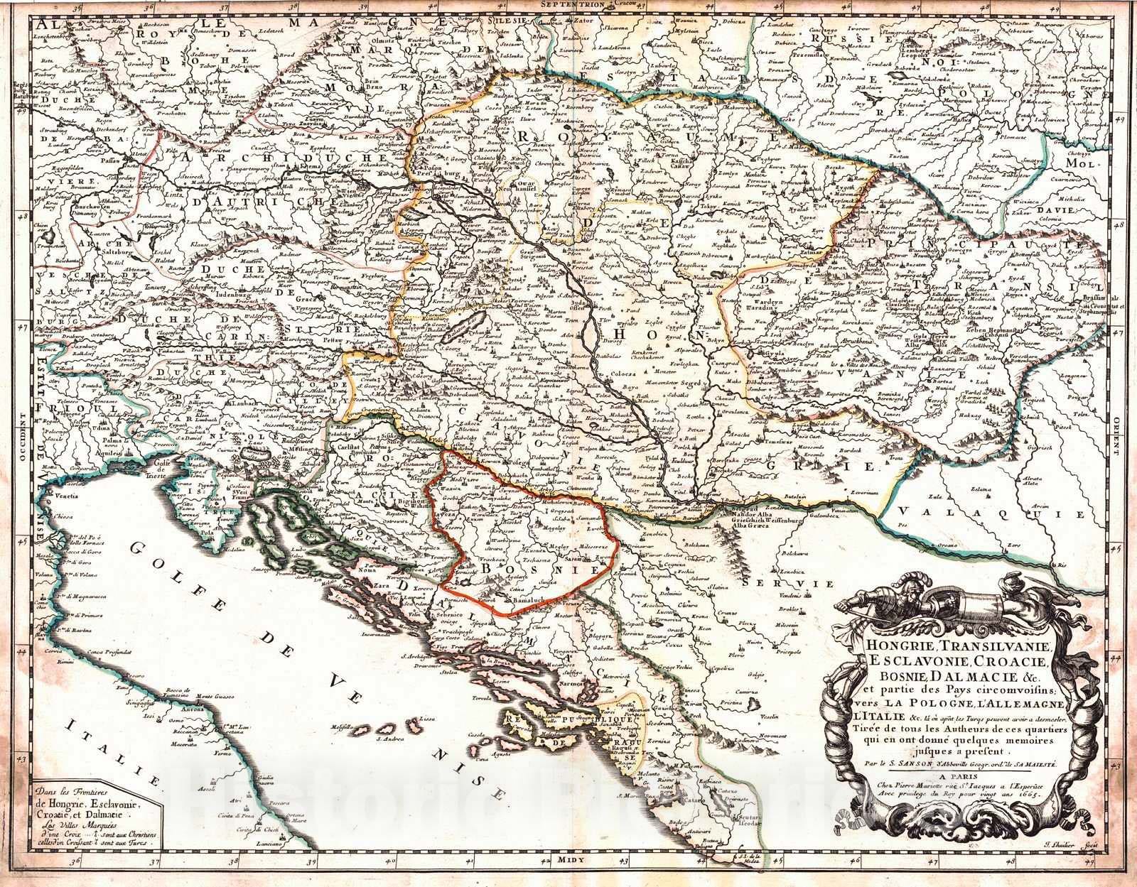 Historic Map : 1665 Hongrie, Transilvanie, Esclavonie, Croacie, Bosnie, Dalmacie : Vintage Wall Art