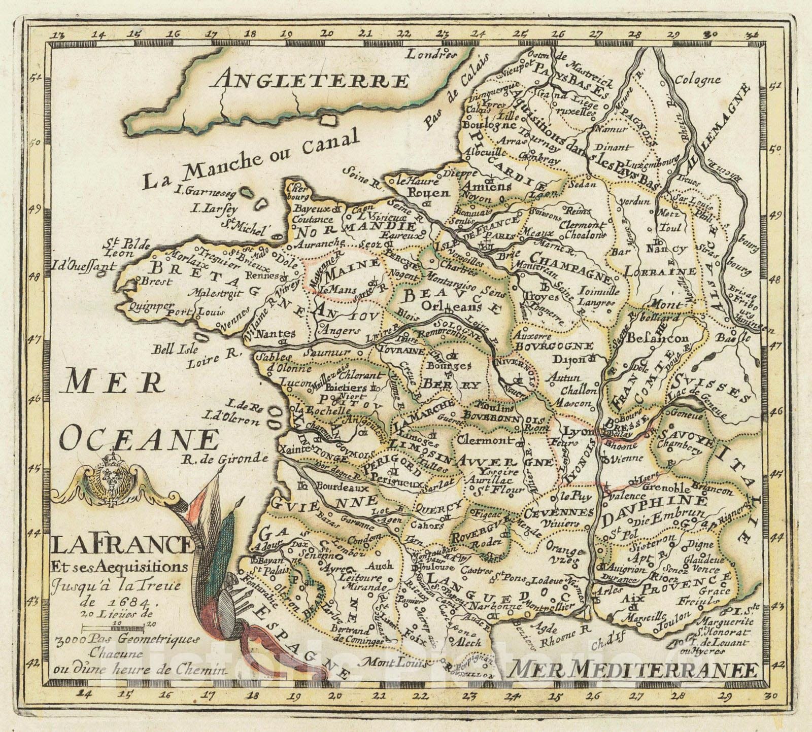 Historic Map : 1692 La France et ses Acquisitions jusqu'a la Treux de 1684 : Vintage Wall Art