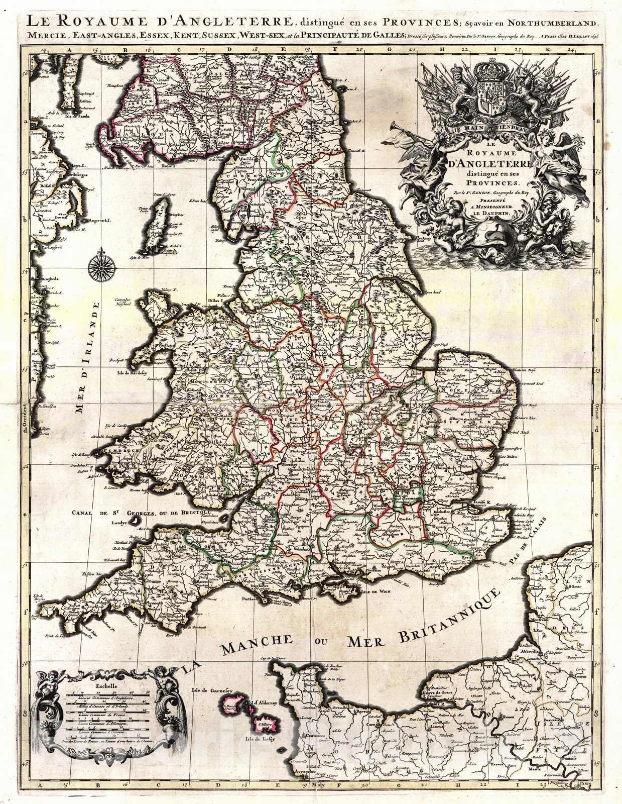 Historic Map : 1696 Le Royaume d'Angleterre : Vintage Wall Art