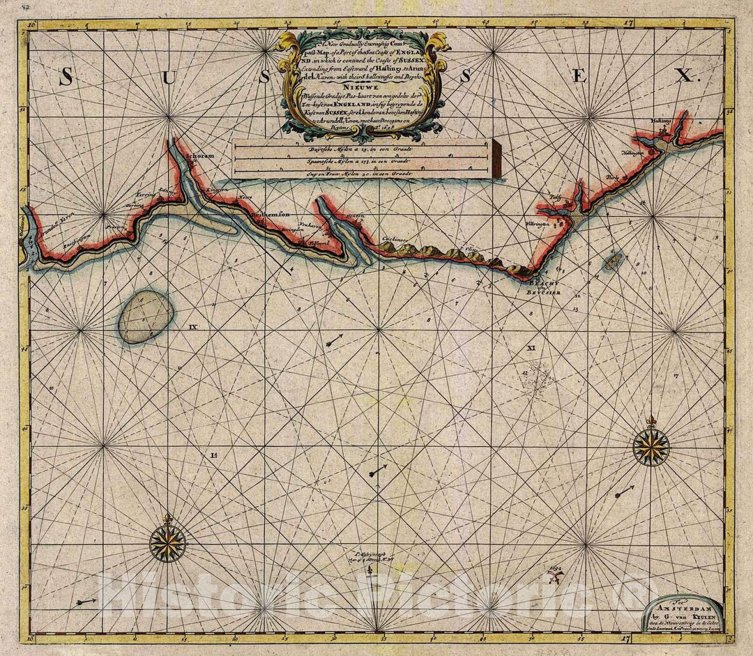 Historic Map : 1698 A New Gradually Encreasing Compass Map of a Part of the Sea Coasts...of Sussex Extending from Eastward of Hastings to Arundel : Vintage Wall Art