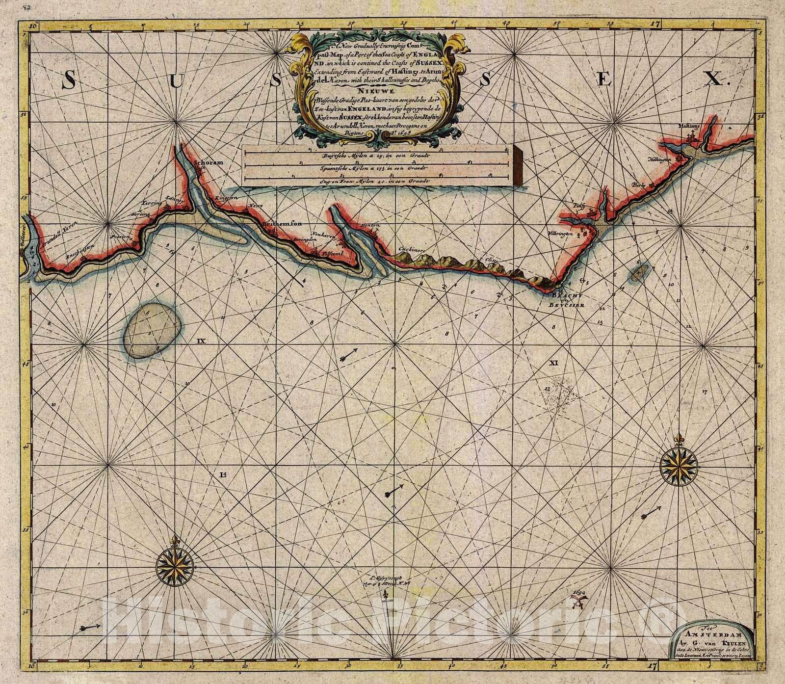 Historic Map : 1698 A New Gradually Encreasing Compass Map of a Part of the Sea Coasts...of Sussex Extending from Eastward of Hastings to Arundel : Vintage Wall Art