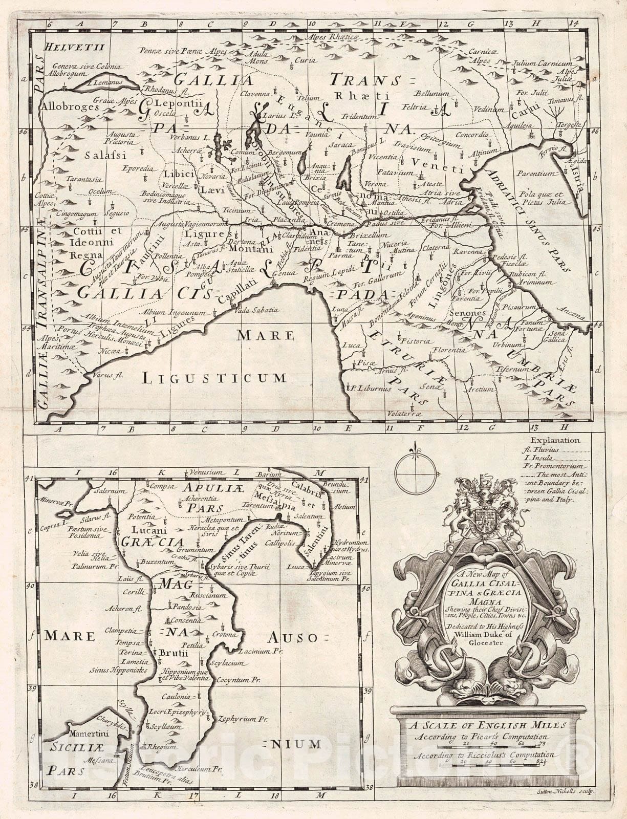 Historic Map : 1701 A New Map of Galllia Cisalpina & Graecia Magna Showing their Chief Divisions, Peoples, Cities, Towns : Vintage Wall Art