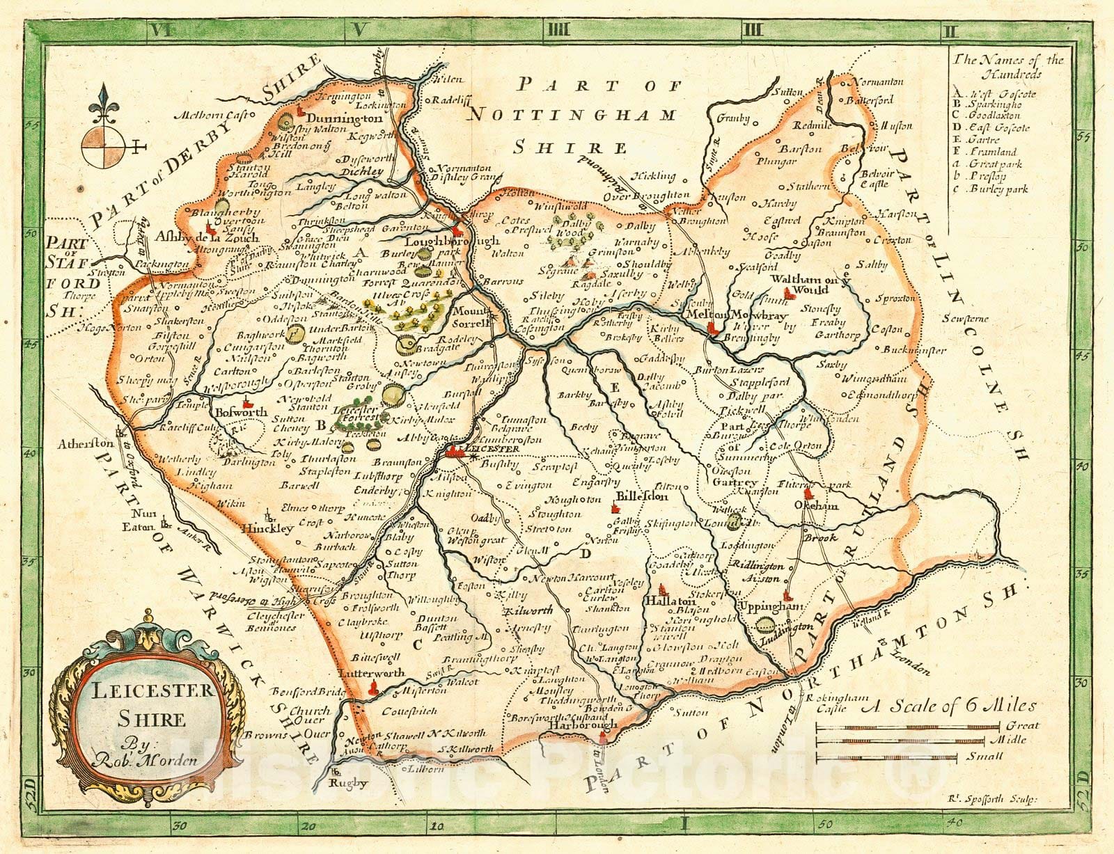 Historic Map : 1704 Leicestershire : Vintage Wall Art