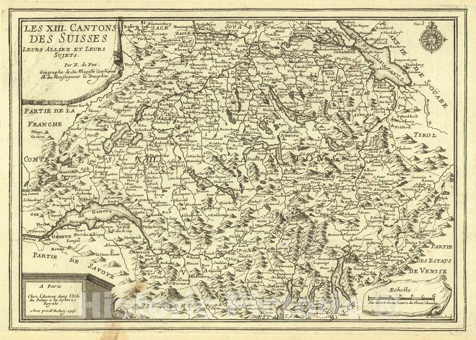 Historic Map : 1705 Les XIII Cantons des Suisses : Vintage Wall Art