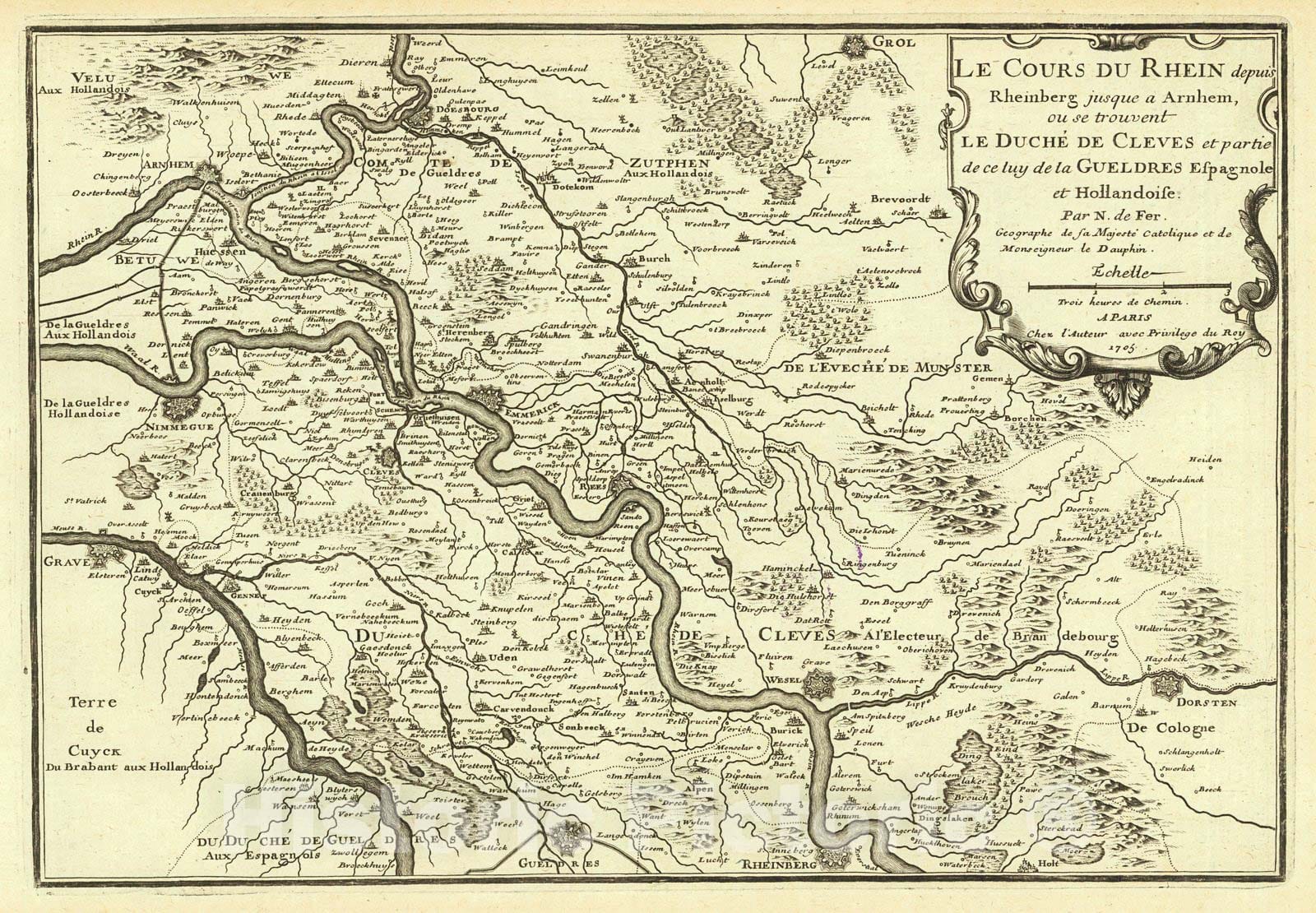 Historic Map : 1705 Le COurs du Rhein depuis Rheinberg jusque a Arnhem : Vintage Wall Art