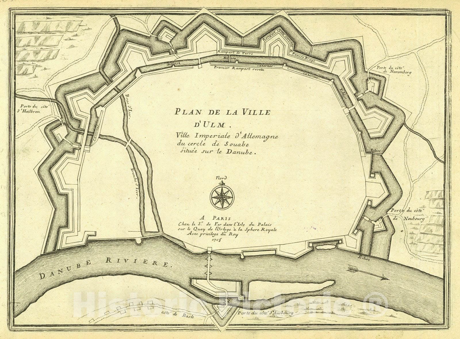 Historic Map : 1705 Plan de la Ville d' Ulm : Vintage Wall Art
