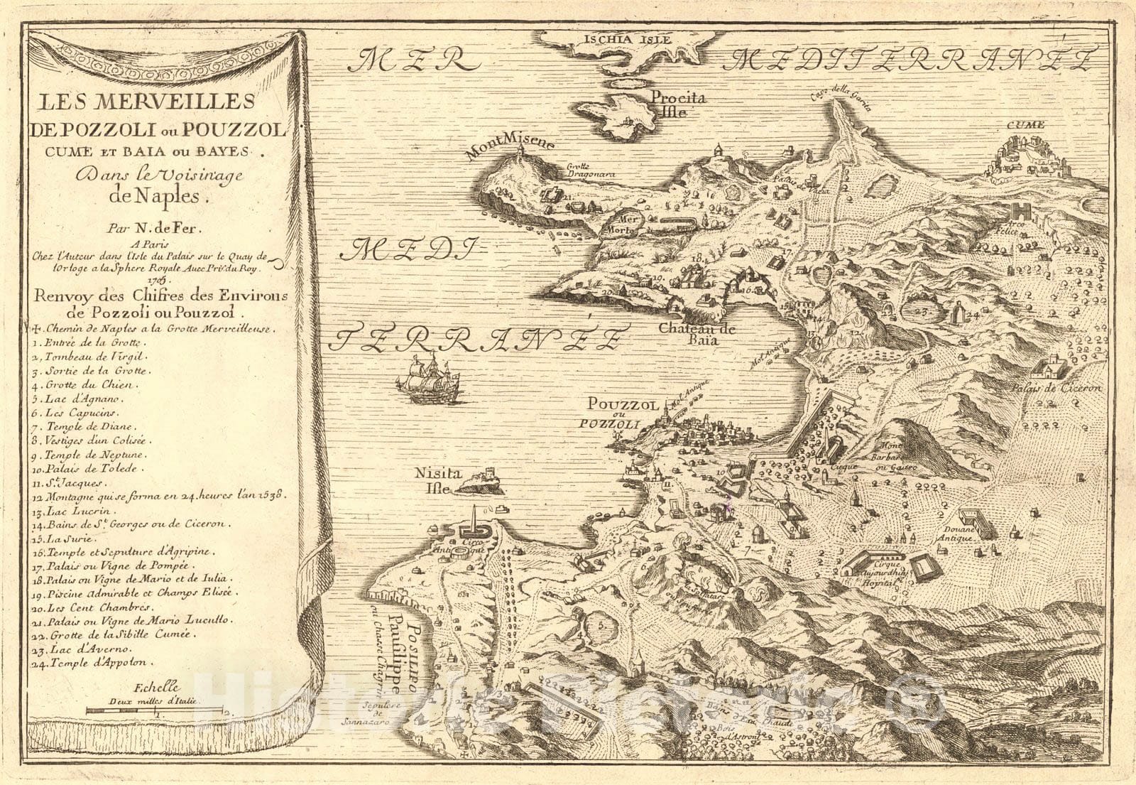 Historic Map : 1705 Les Merveilles de Pozzoli on Pouzzol cume et Bala ou Bayes deans le voisinage de Naples : Vintage Wall Art