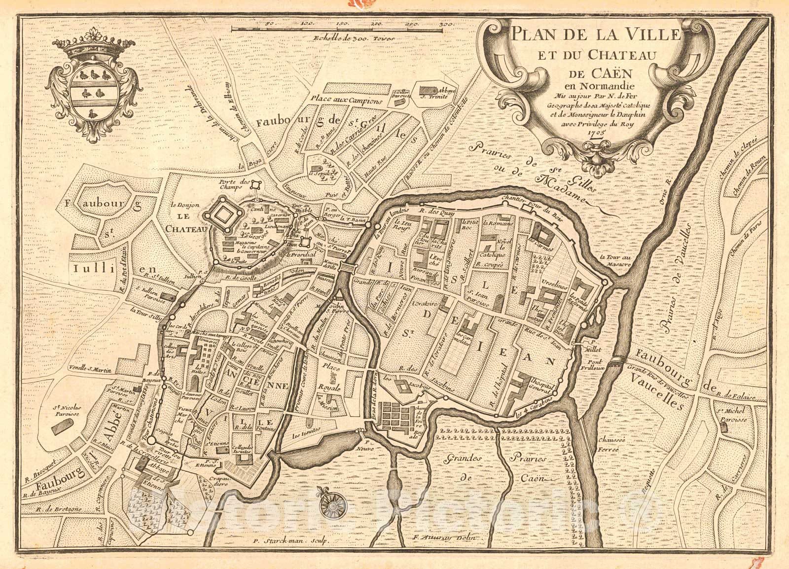 Historic Map : 1705 Plan de la Ville et du Chateau de Caen en Normandie : Vintage Wall Art