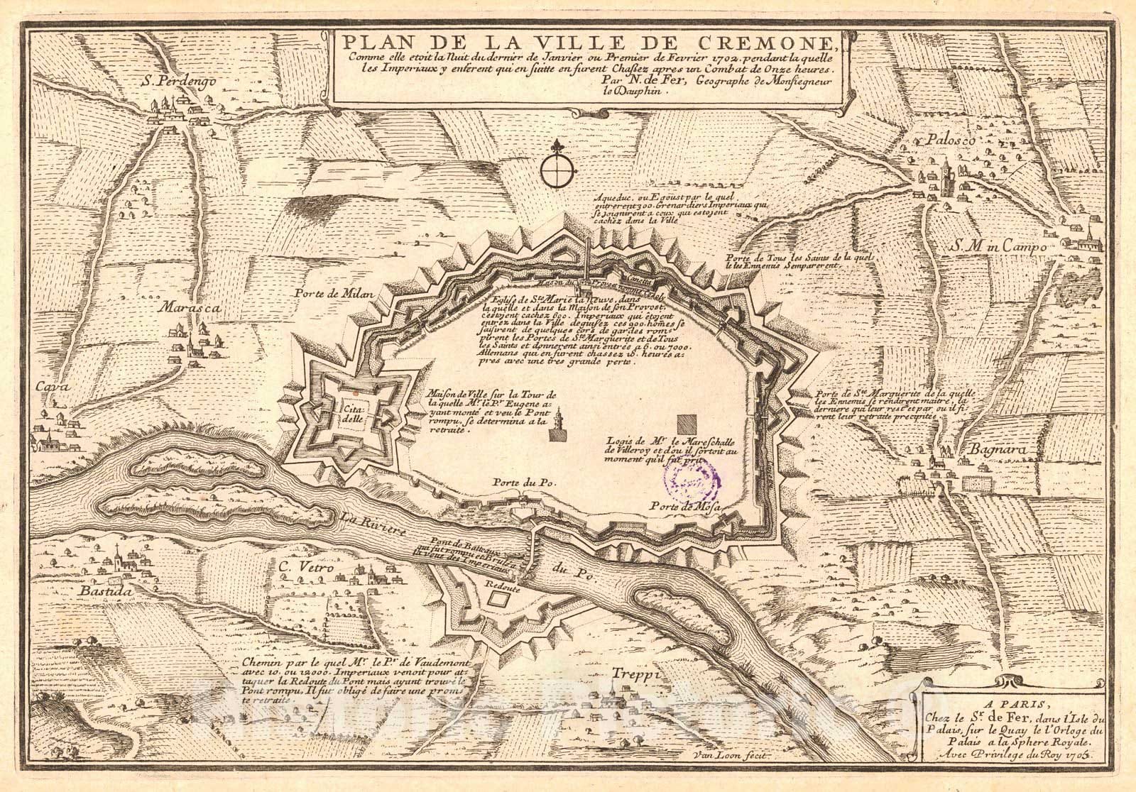 Historic Map : 1705 Plan de le ville de Cremone : Vintage Wall Art