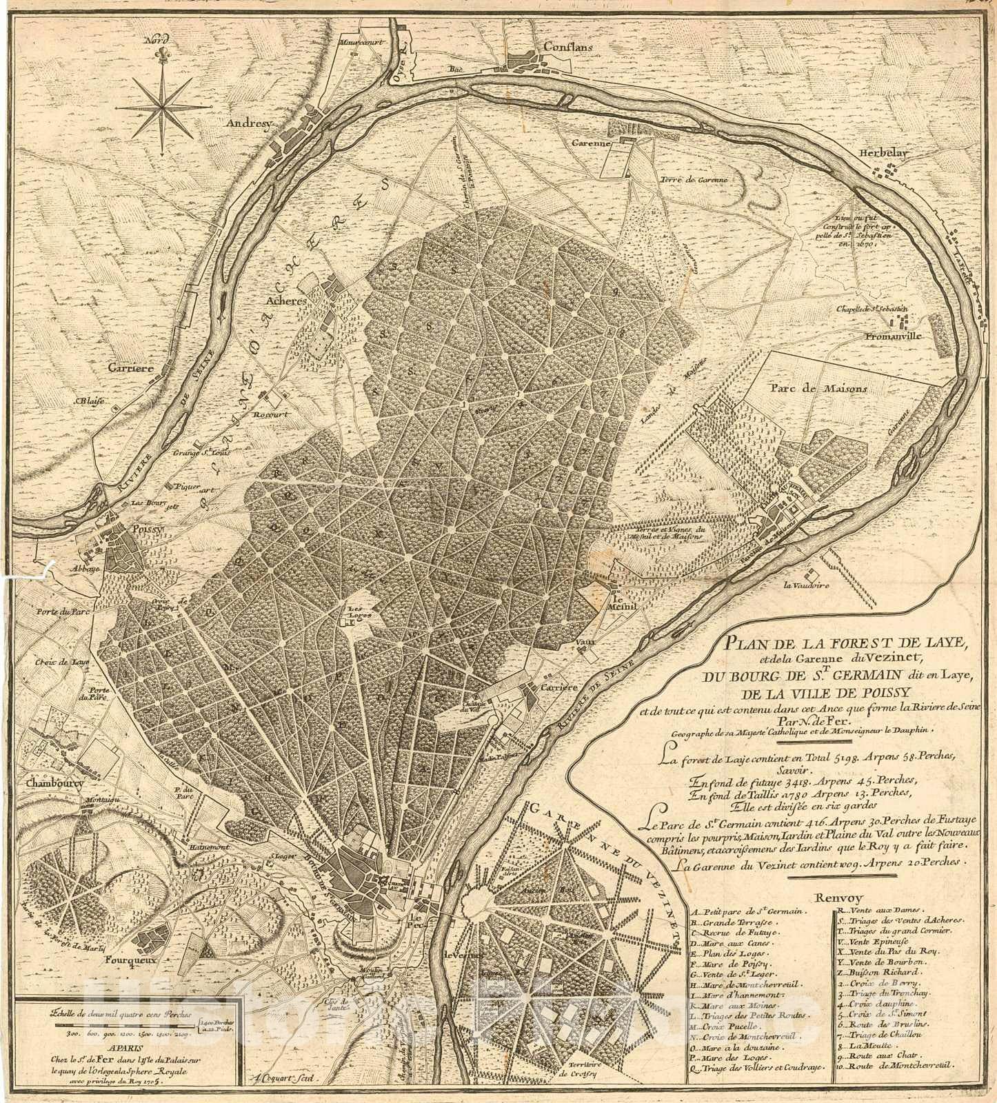 Historic Map : 1705 Plan de la Forest de Laye, et de la Garenne du Vexzinet, du Bourg ed St. Germain dit en Laye, de la Ville de Poisy : Vintage Wall Art