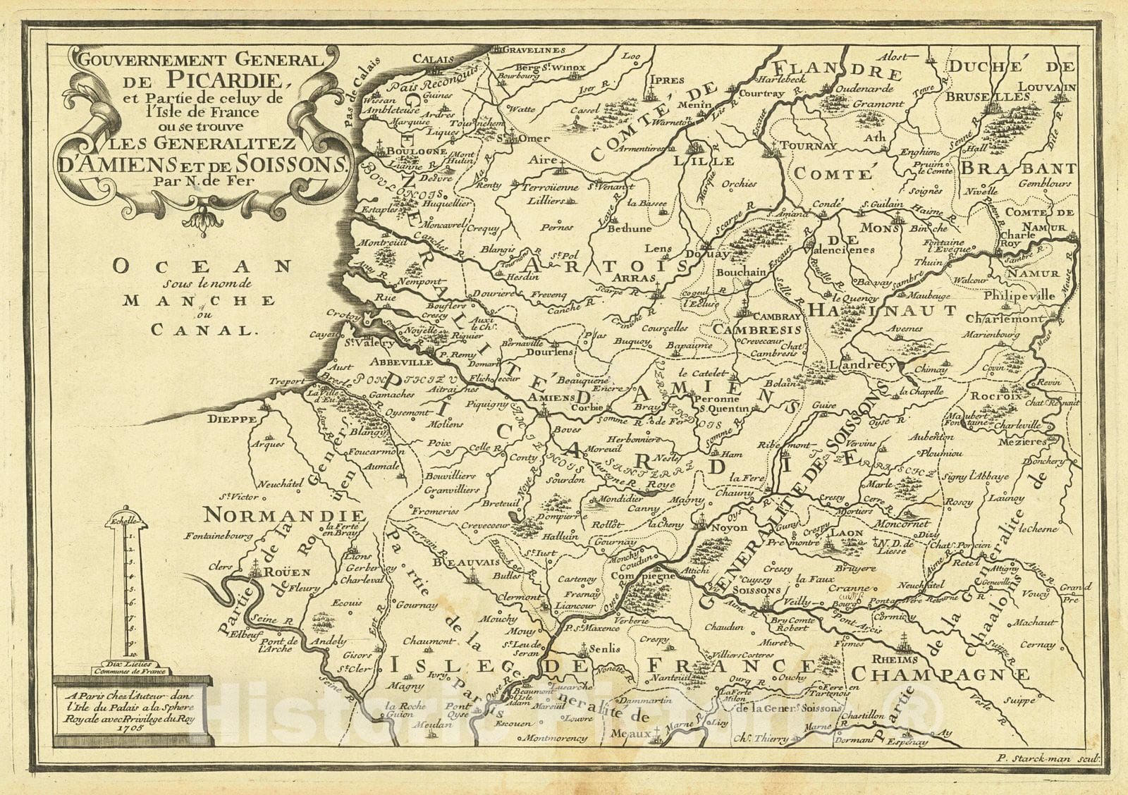 Historic Map : 1705 Gouvernement General de Picardie : Vintage Wall Art