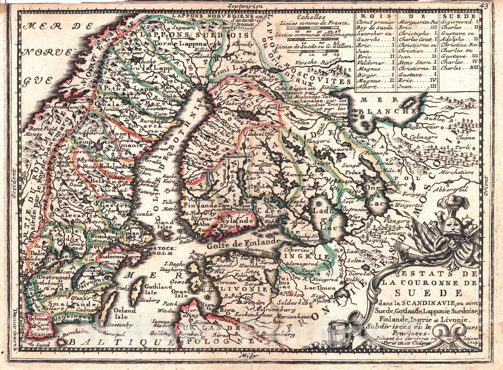 Historic Map : 1719 Estates de la Couronne de Suede : Vintage Wall Art