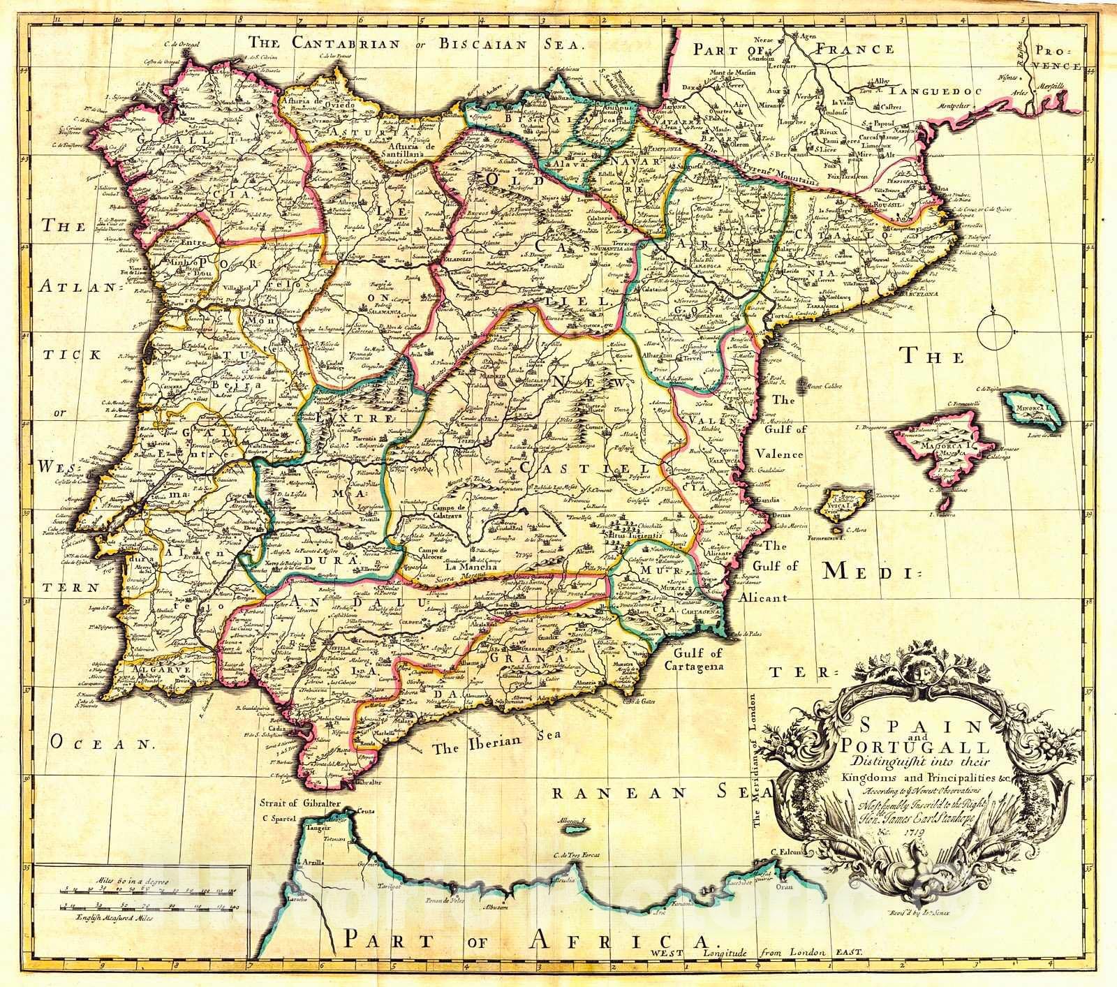 Historic Map : 1721 Spain and Portugall: Distinguish't Into Their Kingdoms and Principalities : Vintage Wall Art