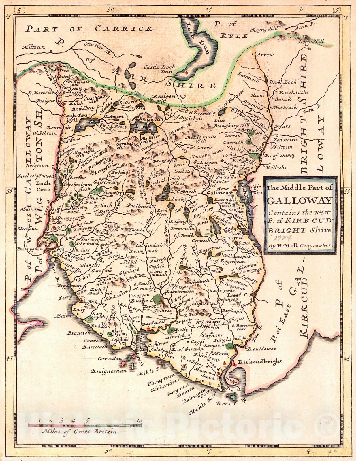 Historic Map : 1724 The Middle Part of Galloway, Contains the West P. of Kirkcudbright Shire : Vintage Wall Art