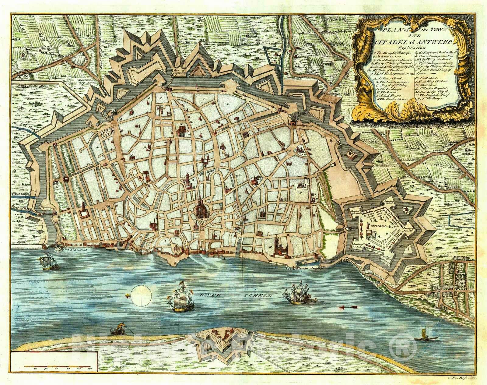 Historic Map : 1735 Plan of the Town and Citadel of Antwerp  : Vintage Wall Art