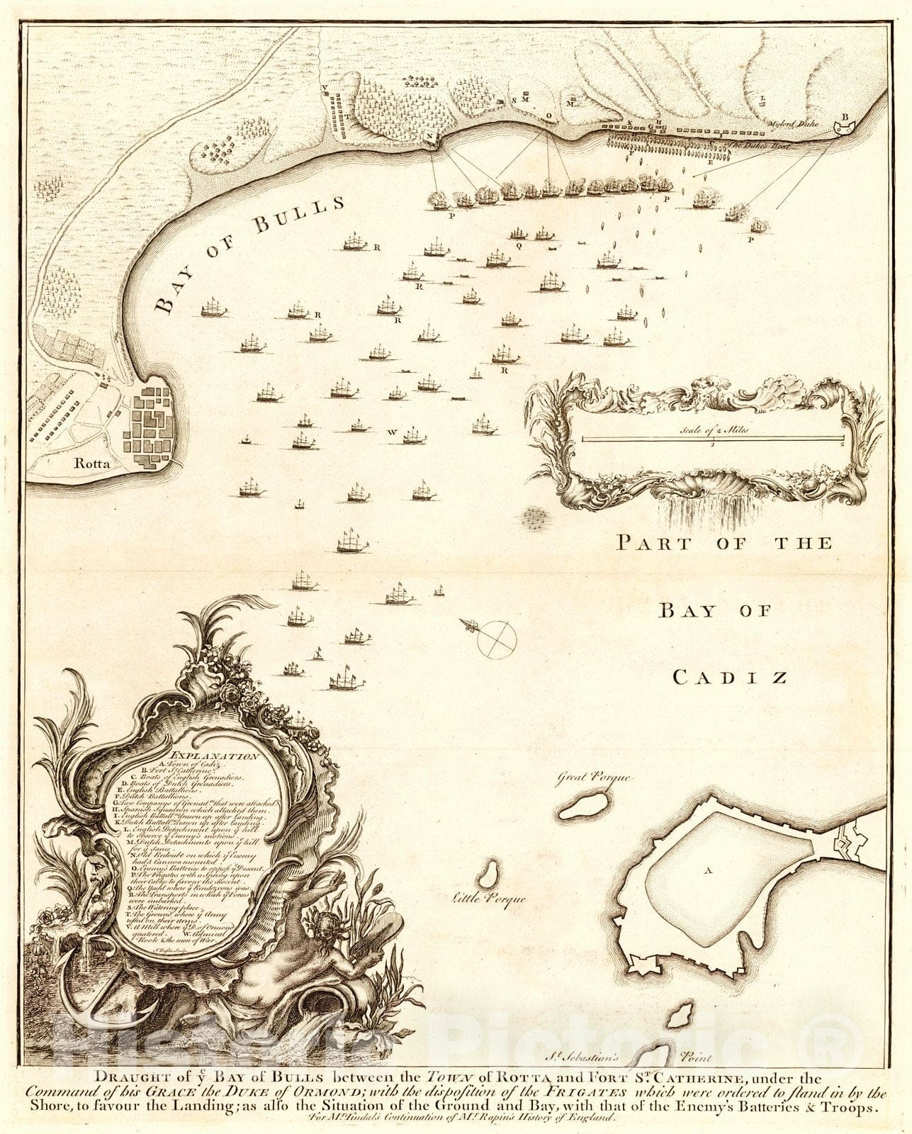 Historic Map : 1740 Draught of ye Bay of Bulls between the Town of Rotta and Fort St. Catherine : Vintage Wall Art