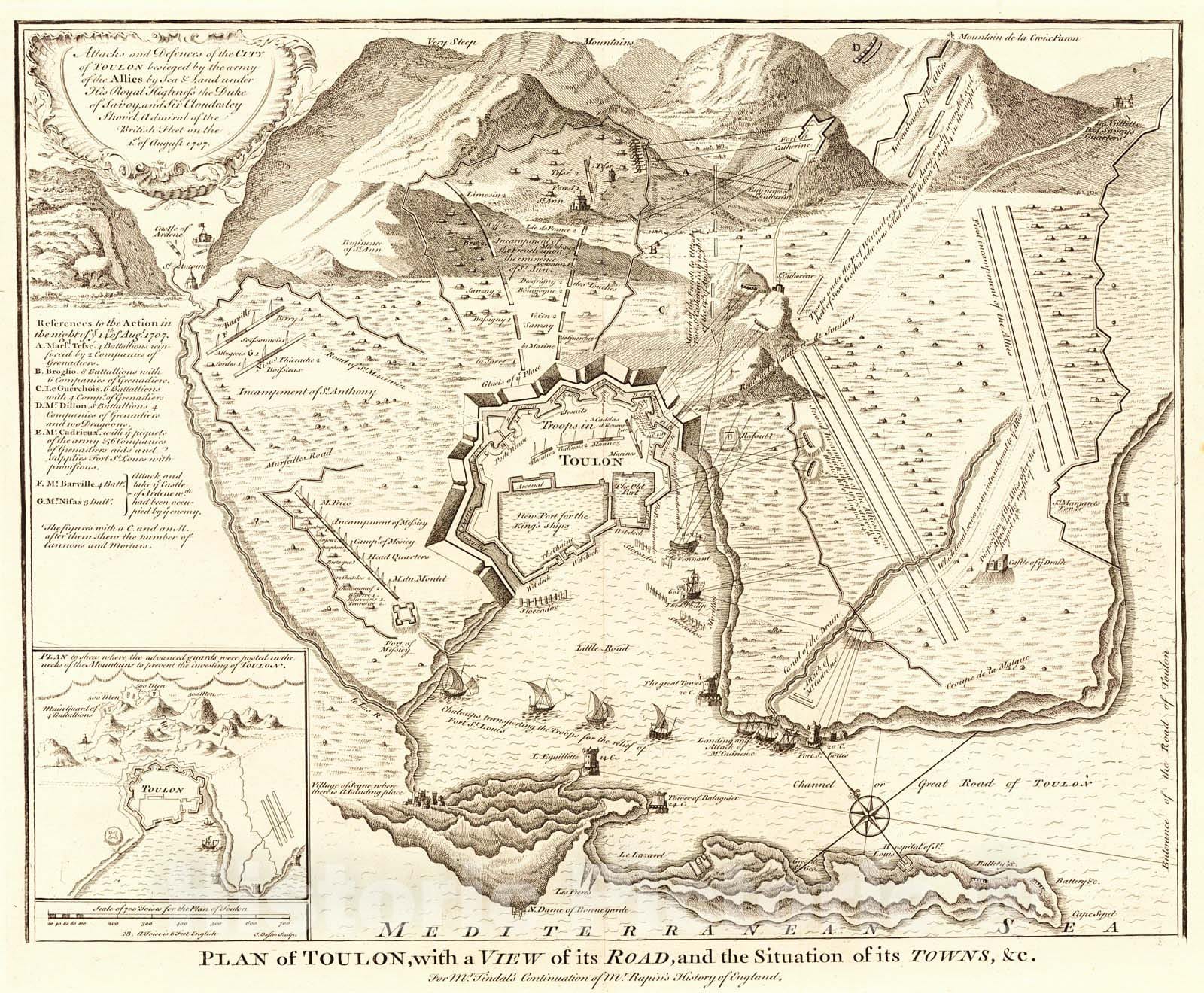 Historic Map : 1740 Plan of Toulon, with a View of its Road, and the Situation of its Towns : Vintage Wall Art