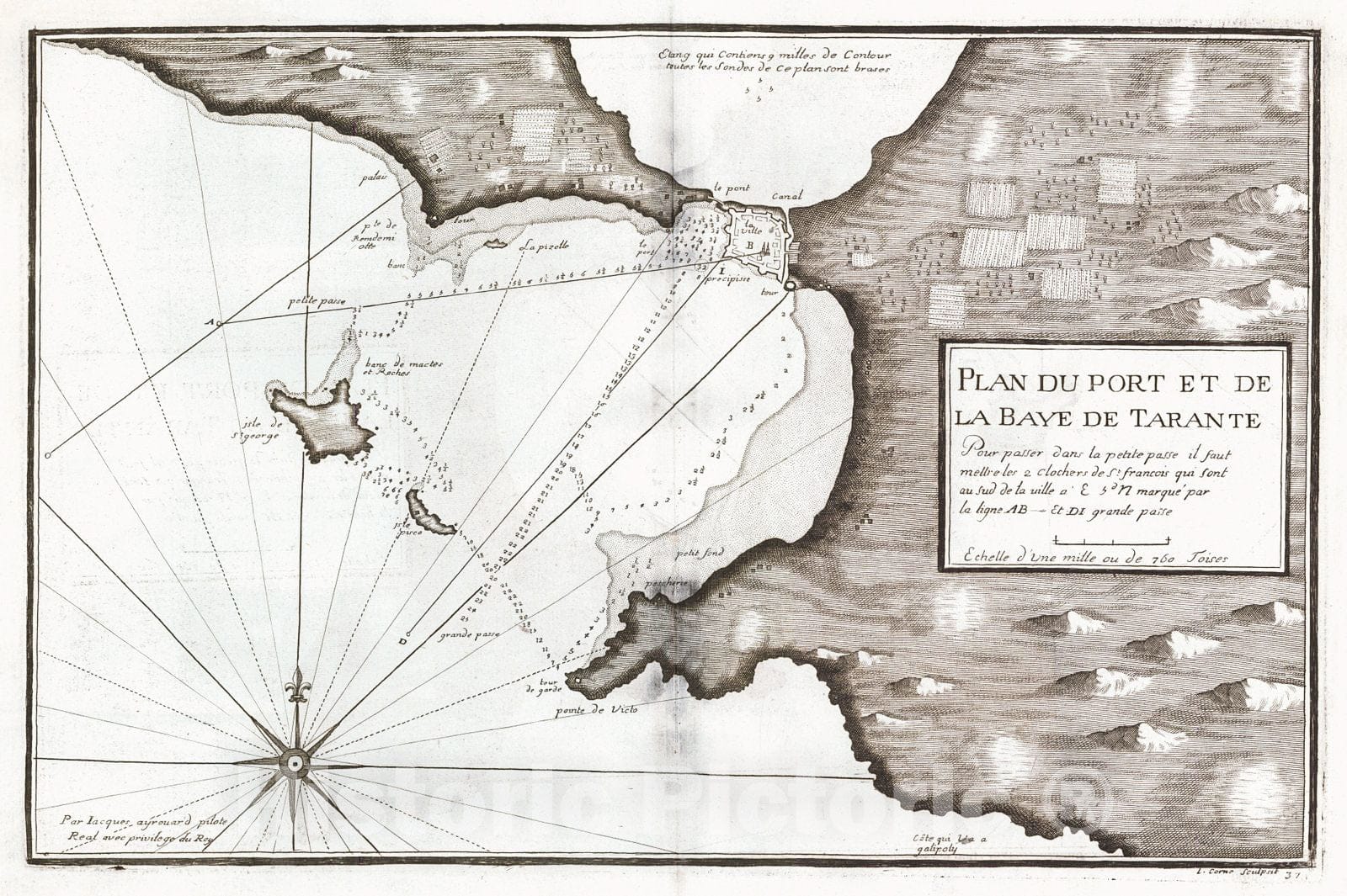 Historic Map : 1740 Plan du Port et de La Baye de Tarante  : Vintage Wall Art
