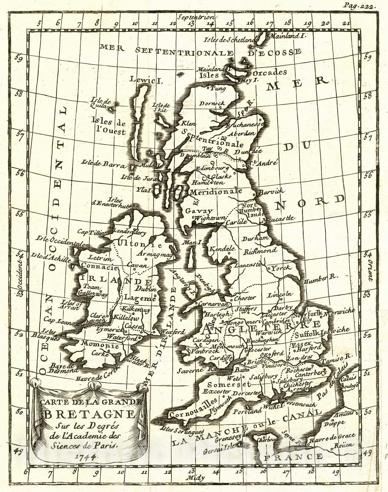 Historic Map : 1744 Carte de la Grande Bretagne : Vintage Wall Art