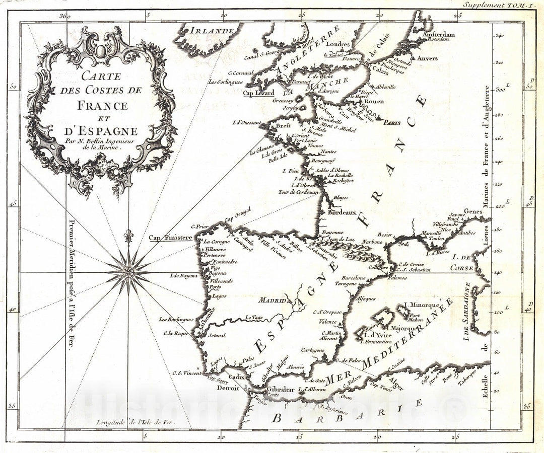 Historic Map : 1746 Carte des Costes de France et D'Espagne : Vintage Wall Art