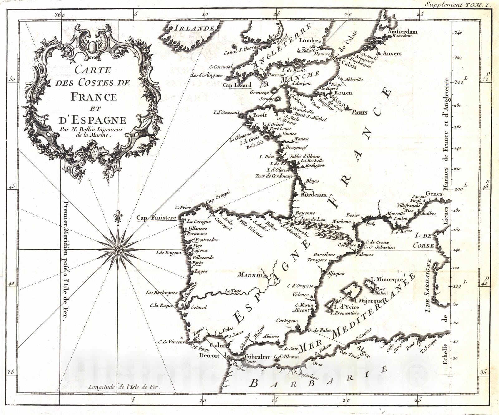 Historic Map : 1746 Carte des Costes de France et D'Espagne : Vintage Wall Art