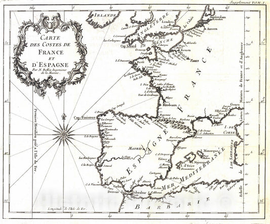 Historic Map : 1746 Carte des Costes de France et D'Espagne : Vintage Wall Art