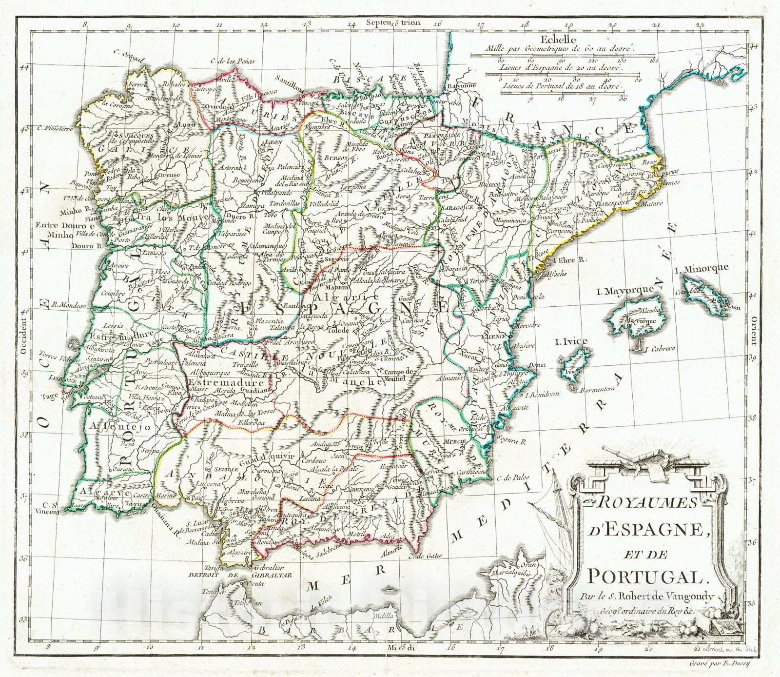 Historic Map : 1748 Royaumes D' Espagne, et de Portugal : Vintage Wall Art