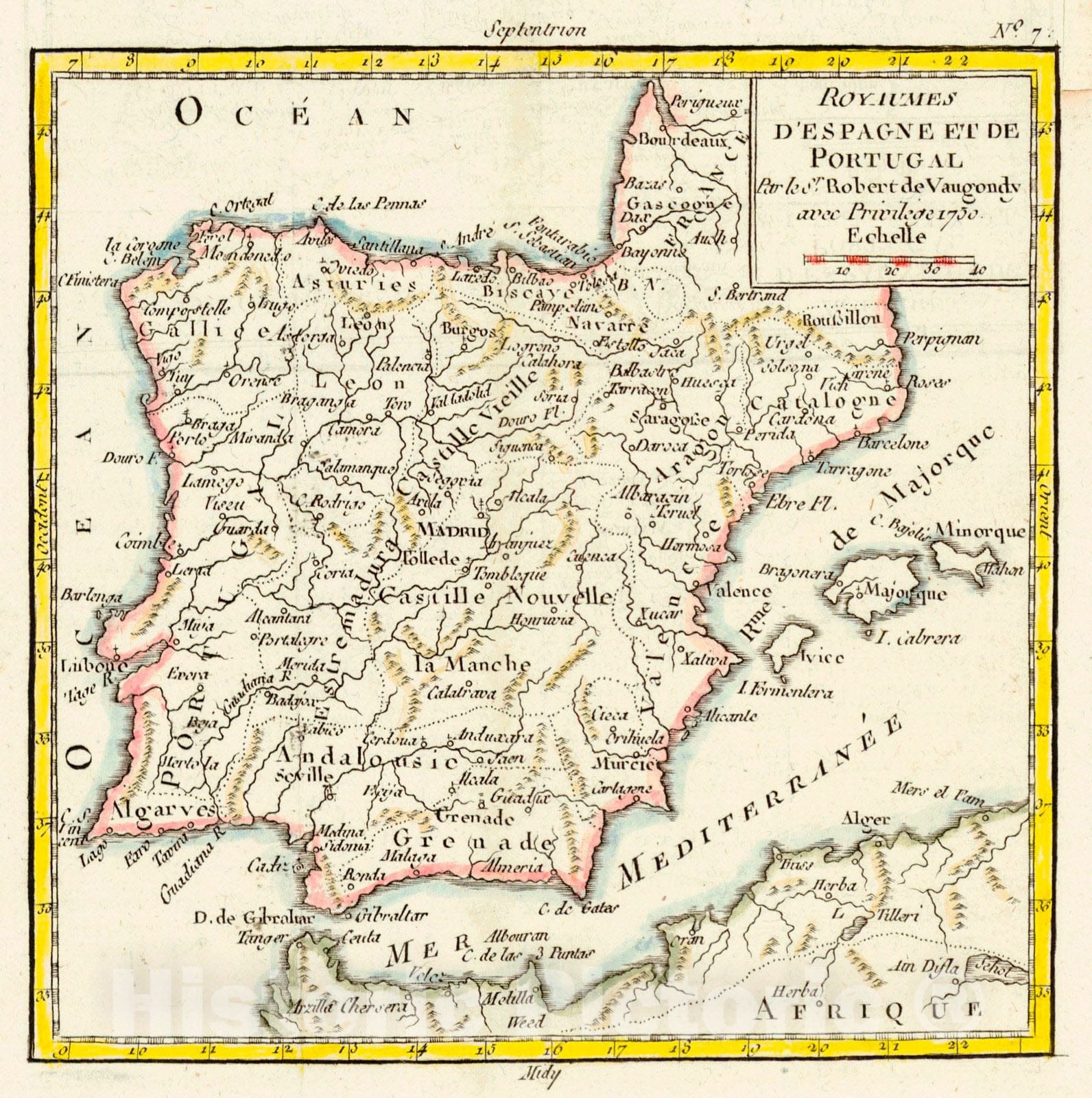 Historic Map : 1750 Royaumes D'Espagne et de Portugal : Vintage Wall Art