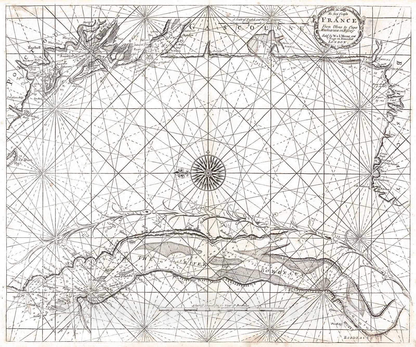 Historic Map : 1758 The Seas Coasts of France from Olone to Cape Machiacaca in Biscay : Vintage Wall Art