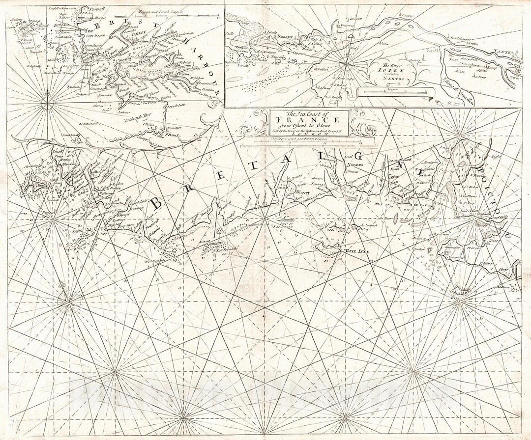 Historic Map : 1758 The Sea Coast of France from Ushent to Olone : Vintage Wall Art