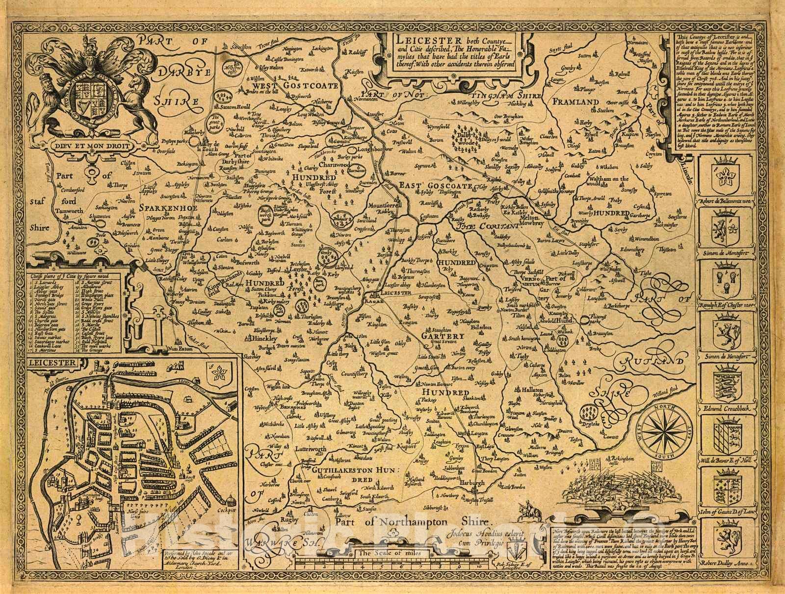 Historic Map : 1770 Leicester both Countye and Citie Described : Vintage Wall Art