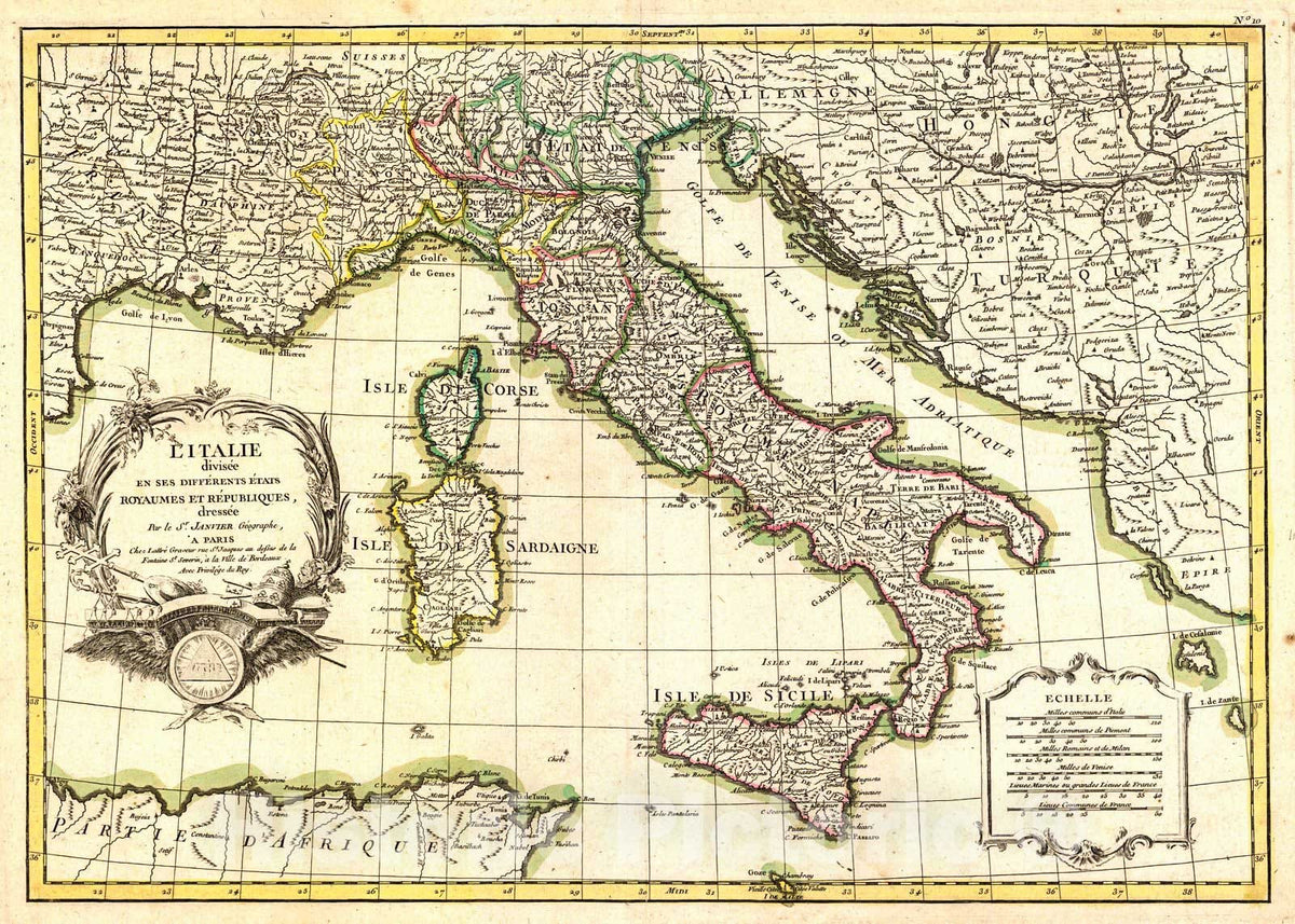 Historic Map : 1771 L'Italie divisee en ses Diff&eacute;rents &Eacute;tats Royaumes et R&eacute;publiques : Vintage Wall Art