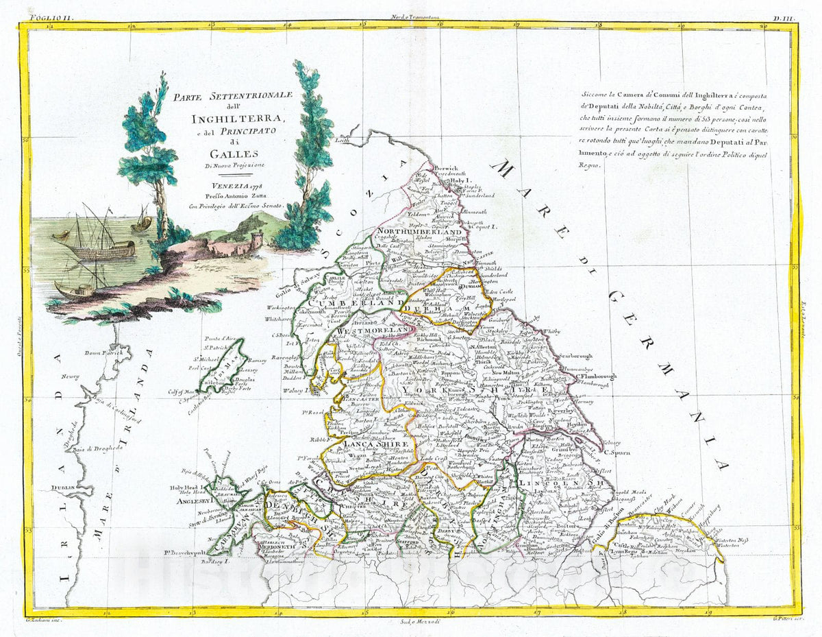 Historic Map : 1779 Parte Settentrionale dell Inghilterra e del Principato di Galles : Vintage Wall Art