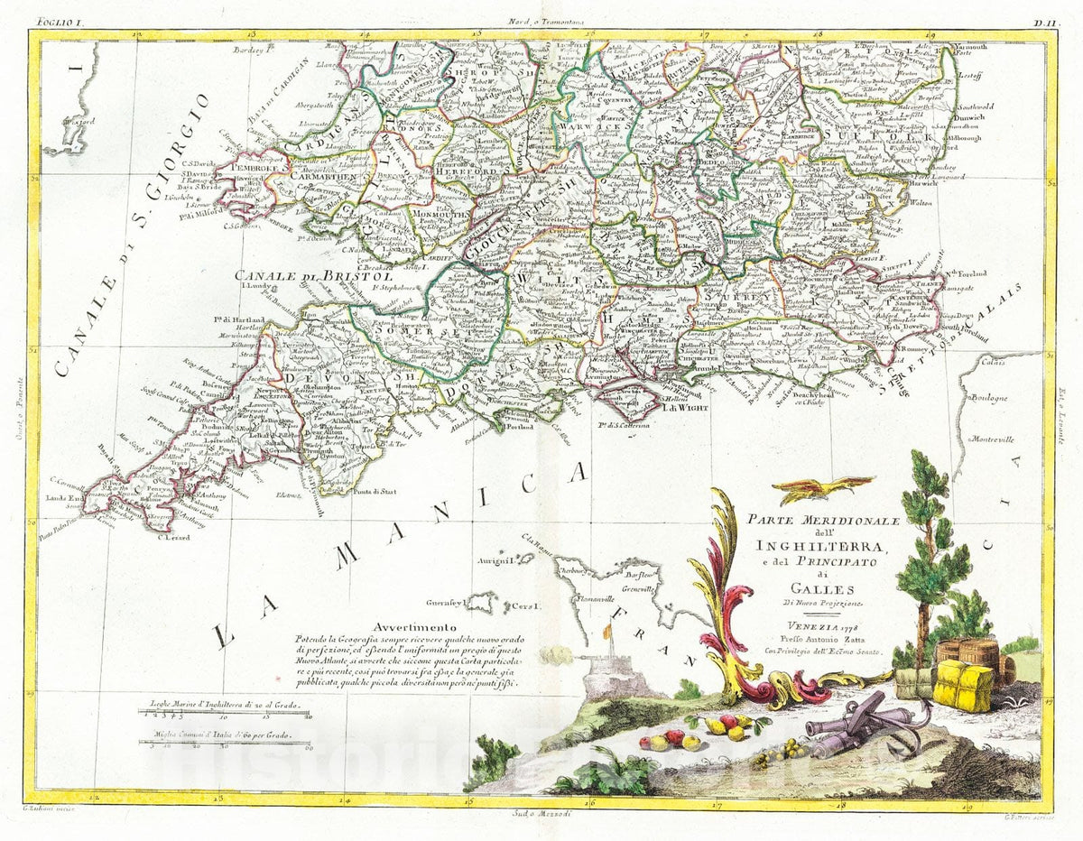 Historic Map : 1779 Parte Meridionale dell Inghilterra, e del Principato di Galles : Vintage Wall Art