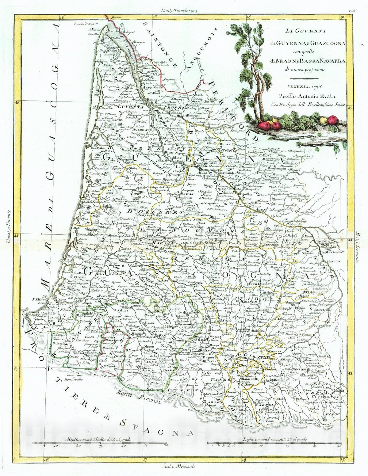 Historic Map : 1779 Li Governi di Guyenna e Guascogna con quello di Bearn e Bassa Navarra : Vintage Wall Art