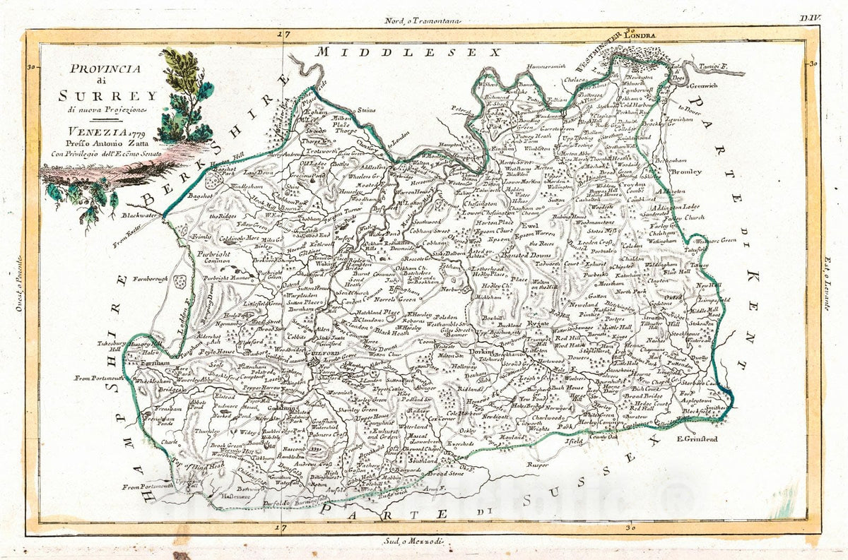 Historic Map : 1779 Provincia ai Surrey : Vintage Wall Art