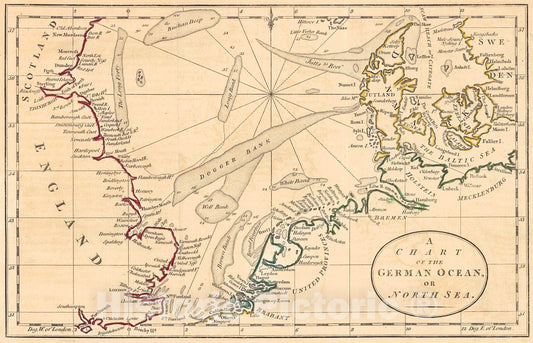 Historic Map : 1780 A Chart of the German Ocean, or North Sea : Vintage Wall Art