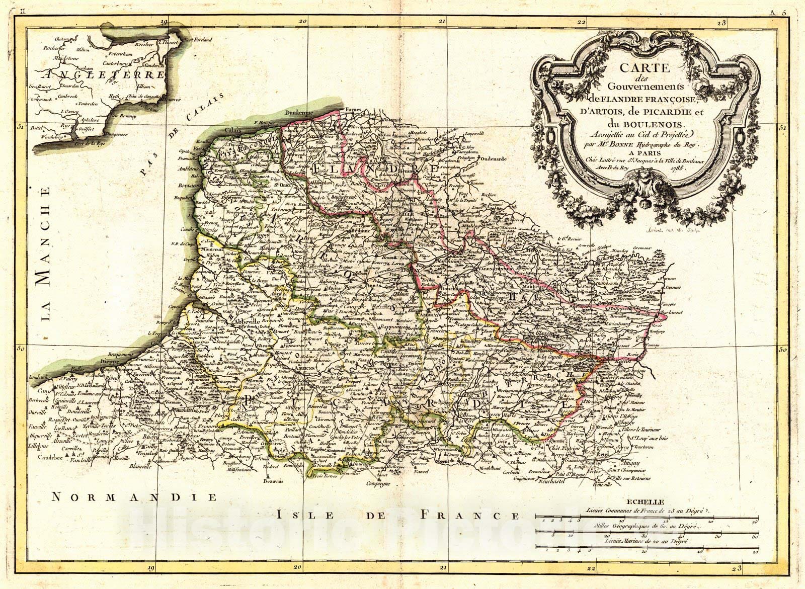 Historic Map : 1785 Carte des Gouvernements de Flandre François d' Artois, de Picardie et du Boulenois : Vintage Wall Art