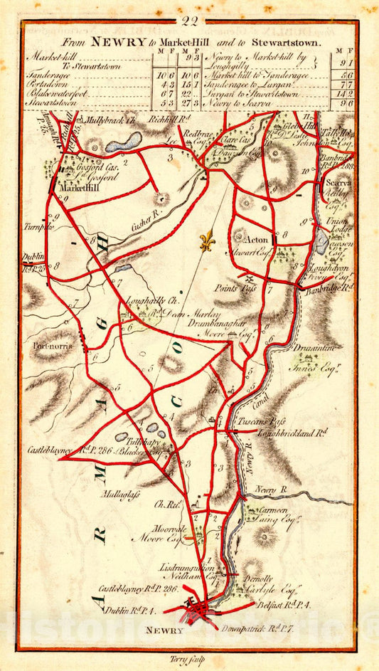 Historic Map : 1790 From Newry to Market-Hill and to Stewartstown : Vintage Wall Art