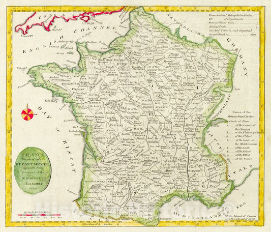 Historic Map : 1796 France, Divided Into Departments; Agreable to the Decrees of the National Assembly : Vintage Wall Art