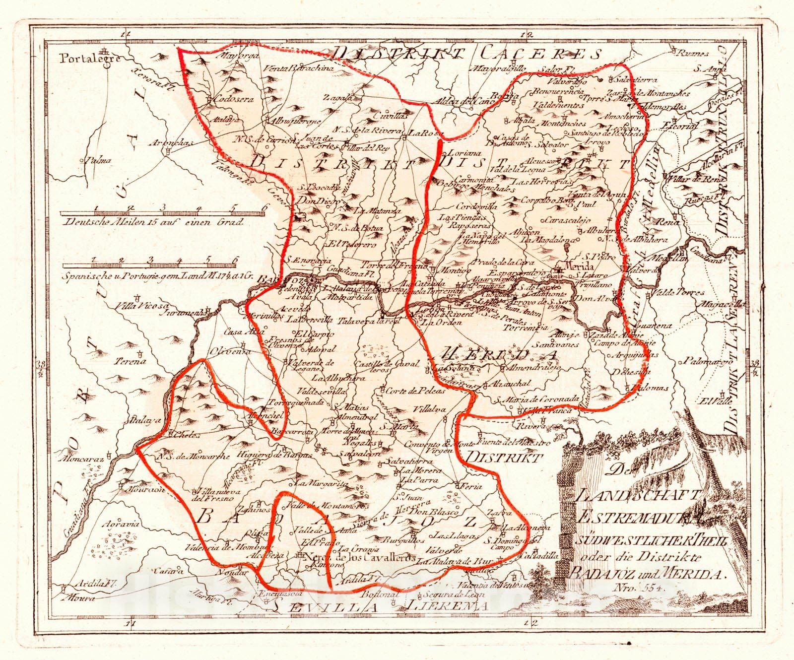 Historic Map : 1797 Landschaft Estremadure S&uuml;dwestlicher Theil odor die Distrikte Bahajoz und Merida : Vintage Wall Art