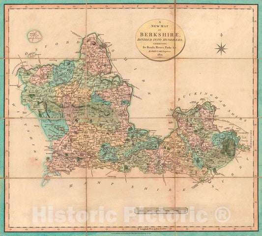 Historic Map : 1801 A New Map of Berkshire, Divided Into Hundreds, Exhibiting Its Roads, Rivers, Parks : Vintage Wall Art