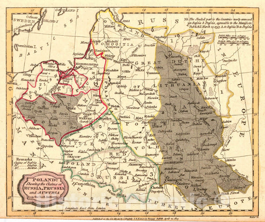 Historic Map : 1807 Poland: Showing the Claims of Russia, Prussia and Austria from the best Authorities : Vintage Wall Art