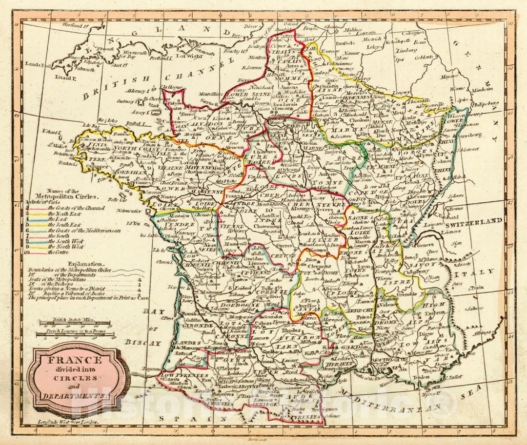 Historic Map : 1807 France Divided Into Its Circles and Departments : Vintage Wall Art