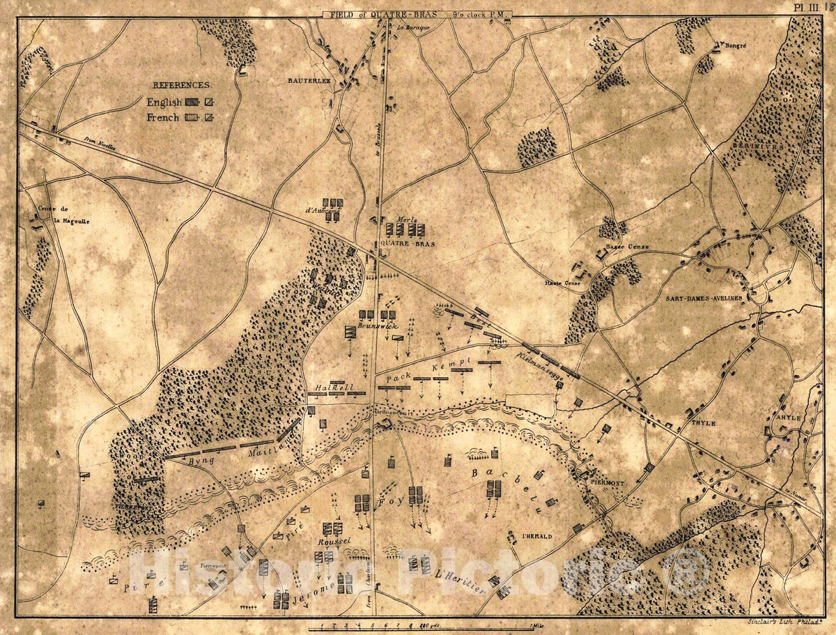Historic Map :  [Battle of Waterloo] Field of Quatre - Bras, 9 o'clock P.M. : Vintage Wall Art
