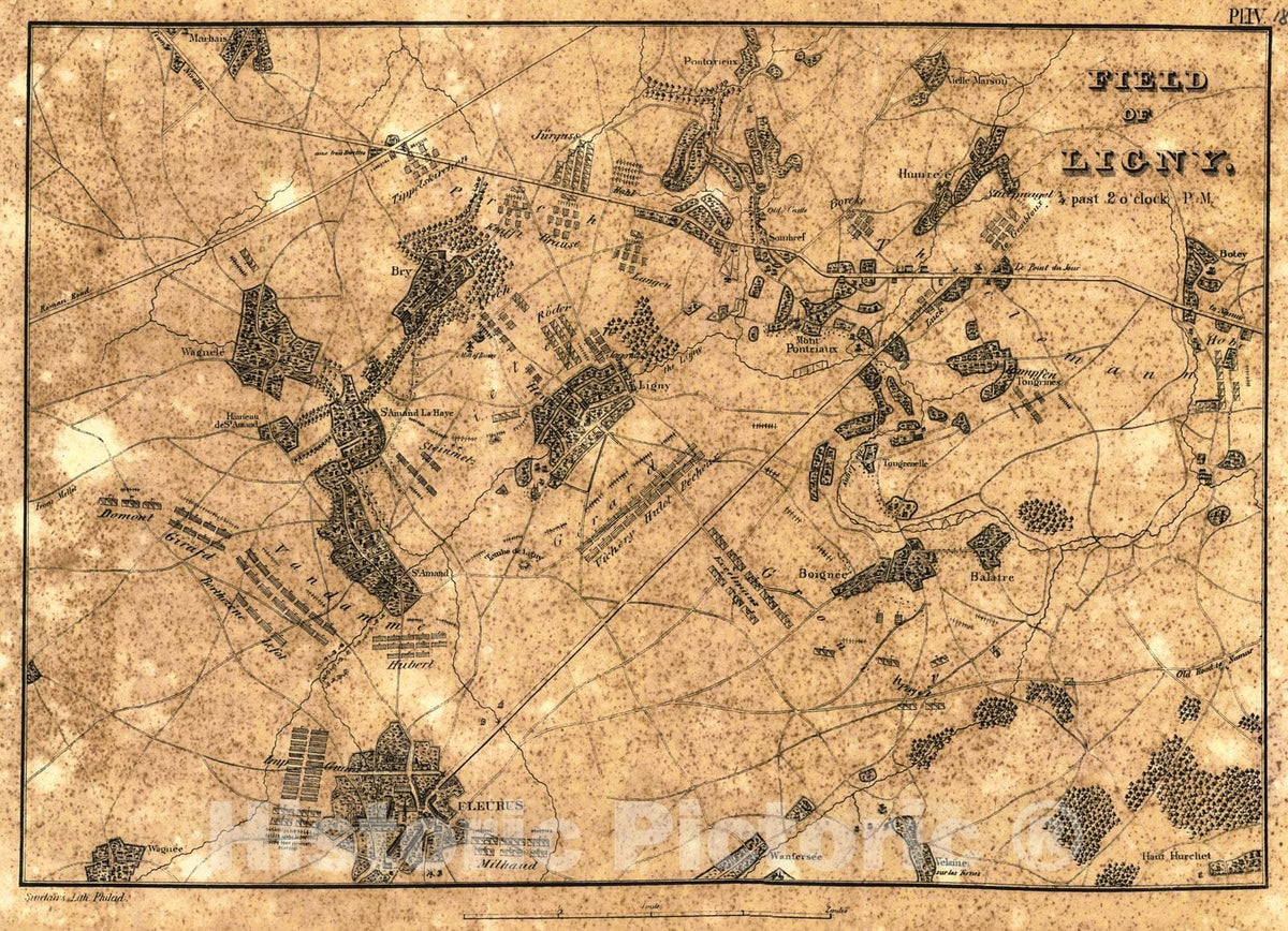 Historic Map :  [Battle of Waterloo] Field of Ligny, 1/4 past 2 o'clock P.M. : Vintage Wall Art