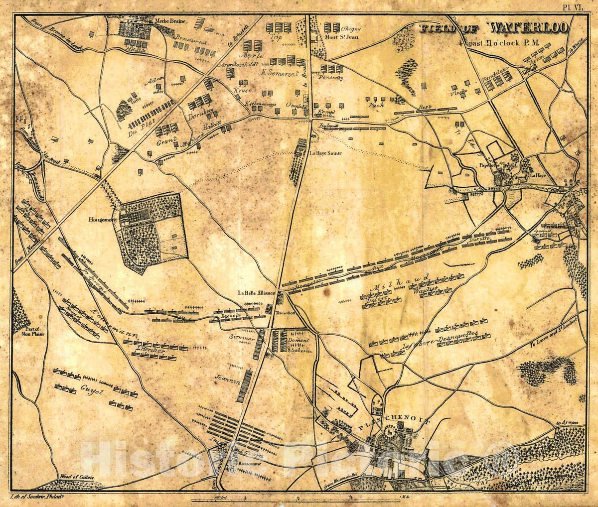 Historic Map :  [Battle of Waterloo] Field of Waterloo, 1/4 past 11 o'clock P.M. : Vintage Wall Art