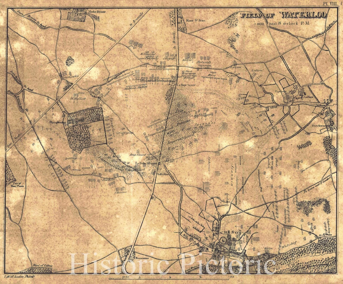 Historic Map :  [Battle of Waterloo] Field of Waterloo, 5 minutes past 8 o'clock P.M. : Vintage Wall Art