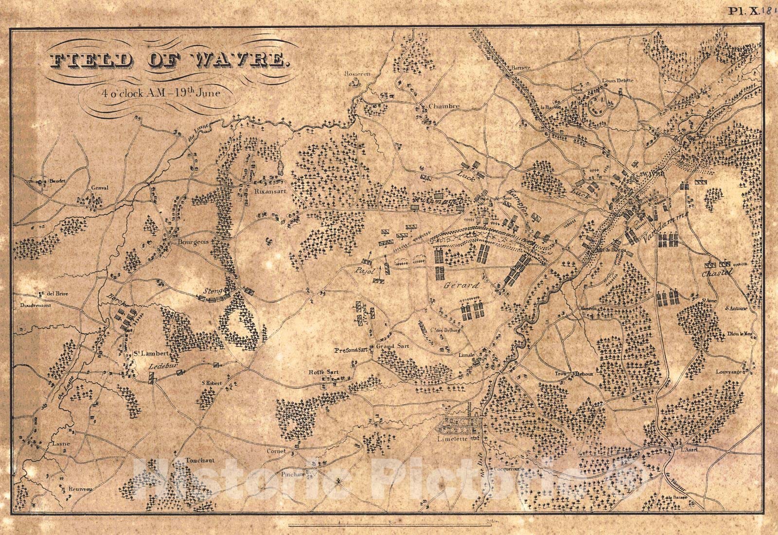 Historic Map :  [Battle of Waterloo] Field of Wavre, 4 o'clock A.M., 19th June : Vintage Wall Art