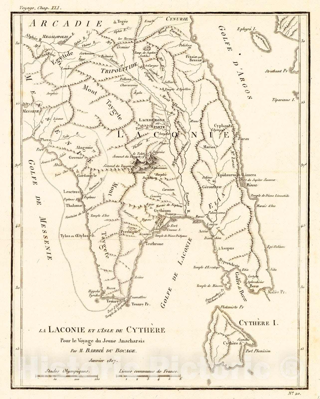 Historic Map : 1819 La Laconie et L'Isle de Cyth&eacute;re, Pour le Voyage du Jeune Anacharsis, Janvier 1817 : Vintage Wall Art